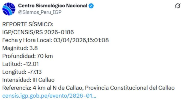 Sismo de magnitud 3.8 se registró en el Callao