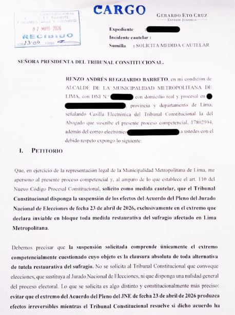 La Municipalidad Metropolitana de Lima (MML) presentó ante el Tribunal Constitucional una medida cautelar