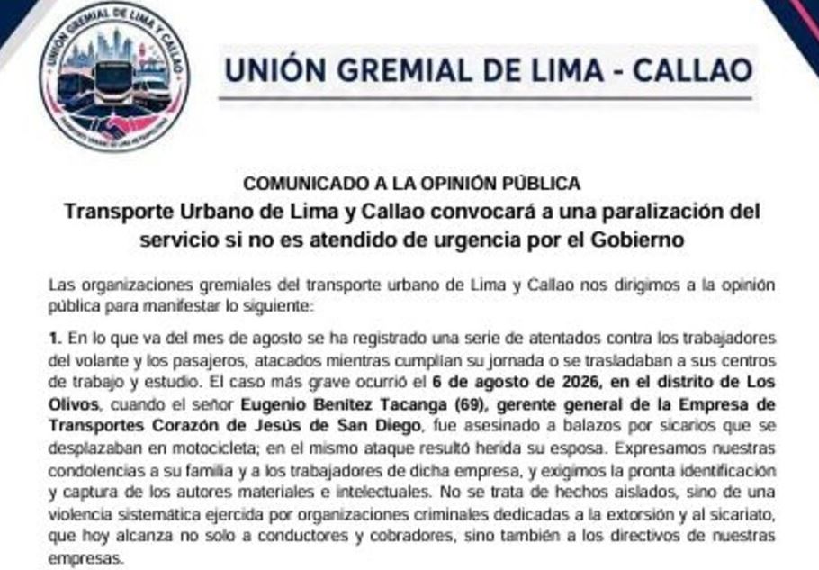 Unión Gremial de Lima - Callao oficializó la fecha del próximo paro de transportistas