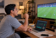 Hombre viendo un partido de fútbol con gráficos de apuestas en su portátil