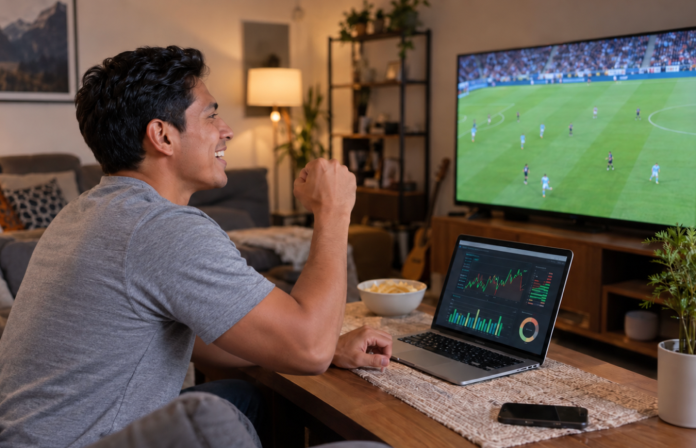 Hombre viendo un partido de fútbol con gráficos de apuestas en su portátil