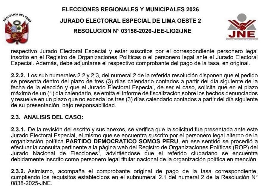 Somos Perú pide nulidad de elecciones en La Victoria
